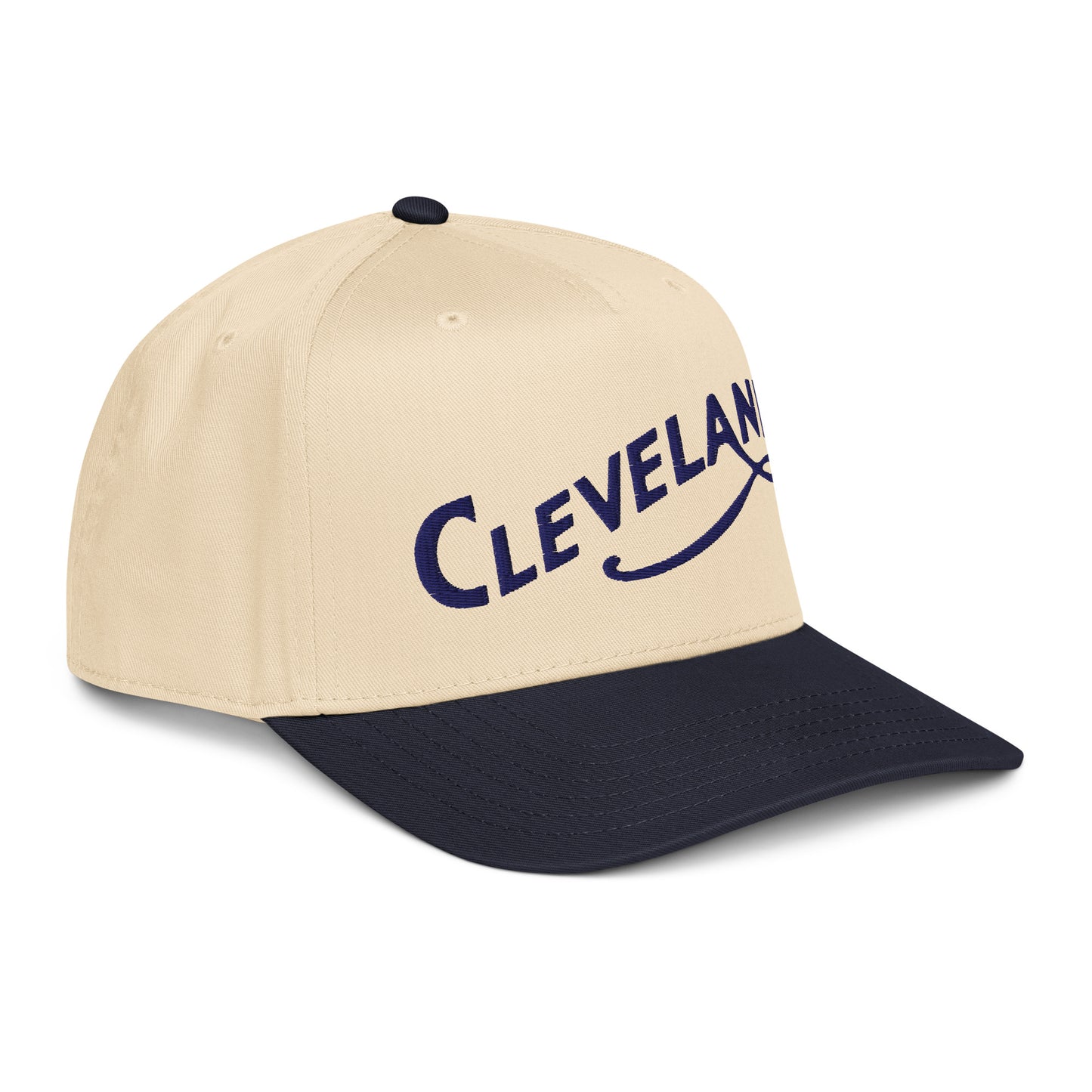 Beige and navy cap with 'Cleveland' text on a white background