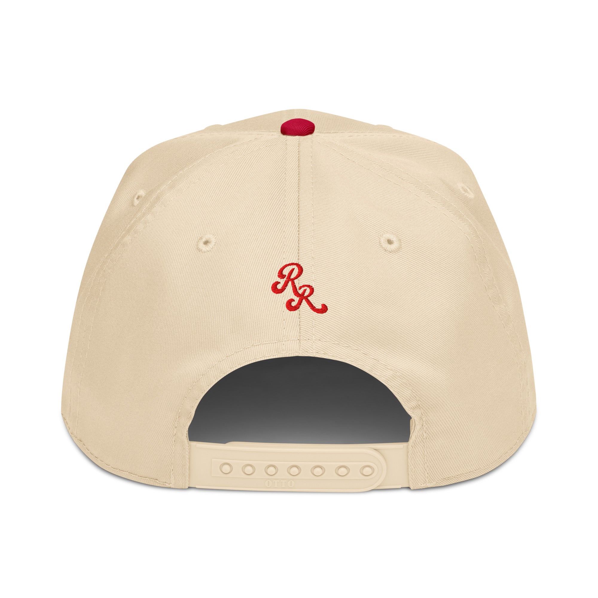 Beige cap with red logo on a white background