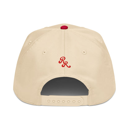 Beige cap with red logo on a white background