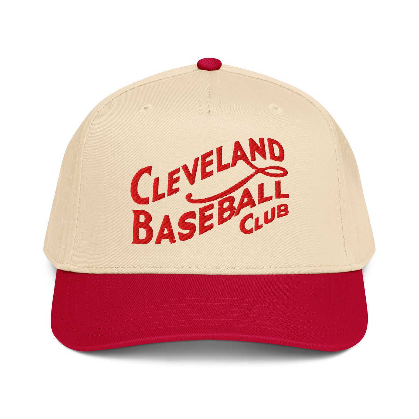 1908 Cleveland Baseball Club vintage cap in red and natural colorway - front view with embroidered script logo