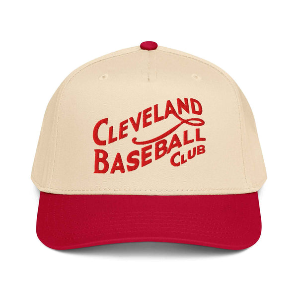 Red and natural 1908 Cleveland Baseball Club snapback cap with red embroidery, shown with the matching heavyweight tee