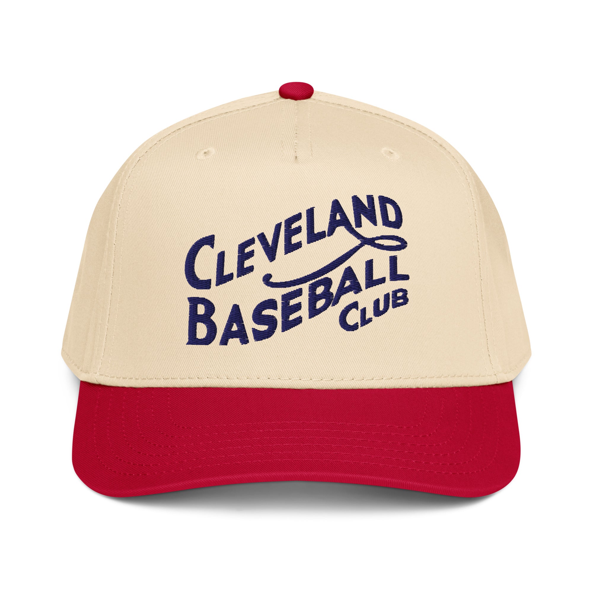 Red/Natural-Navy 1908 Cleveland Baseball Club heritage cap in red and natural - detailed front view showing mid-profile fit