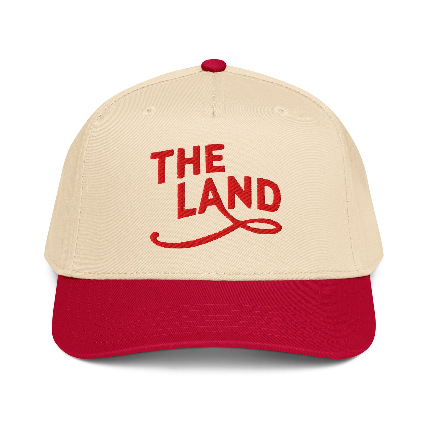Beige and red cap with 'THE LAND' text on a white background