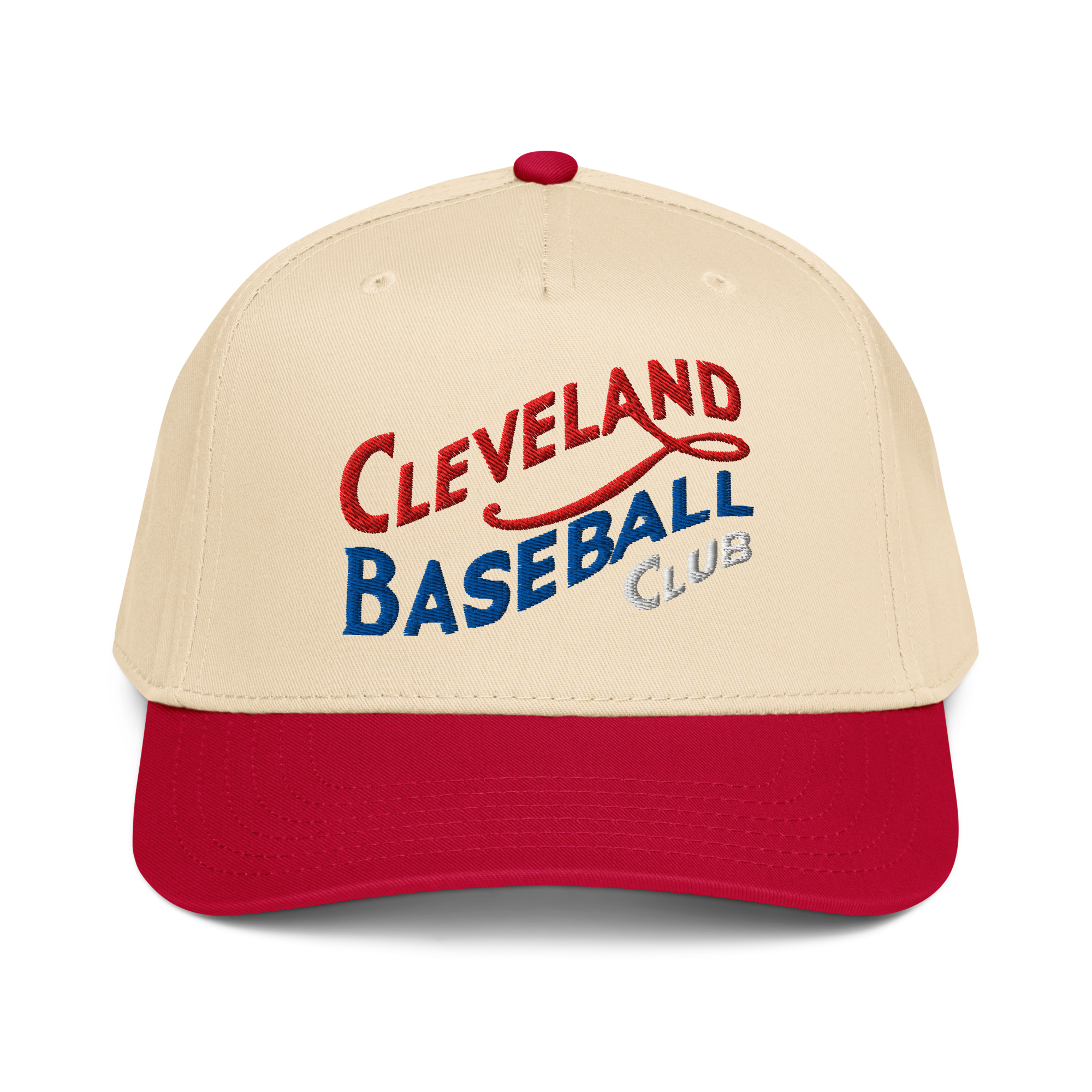 Baseball cap with 'Cleveland Baseball Club' text on a beige and red background