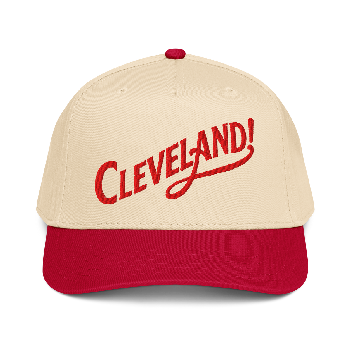 Cleveland! Cap in Red/Natural with red embroidered Cleveland! lettering, front view