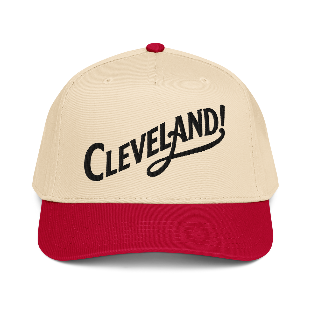 Cleveland! Cap in Red/Natural with black embroidered Cleveland! lettering, front view
