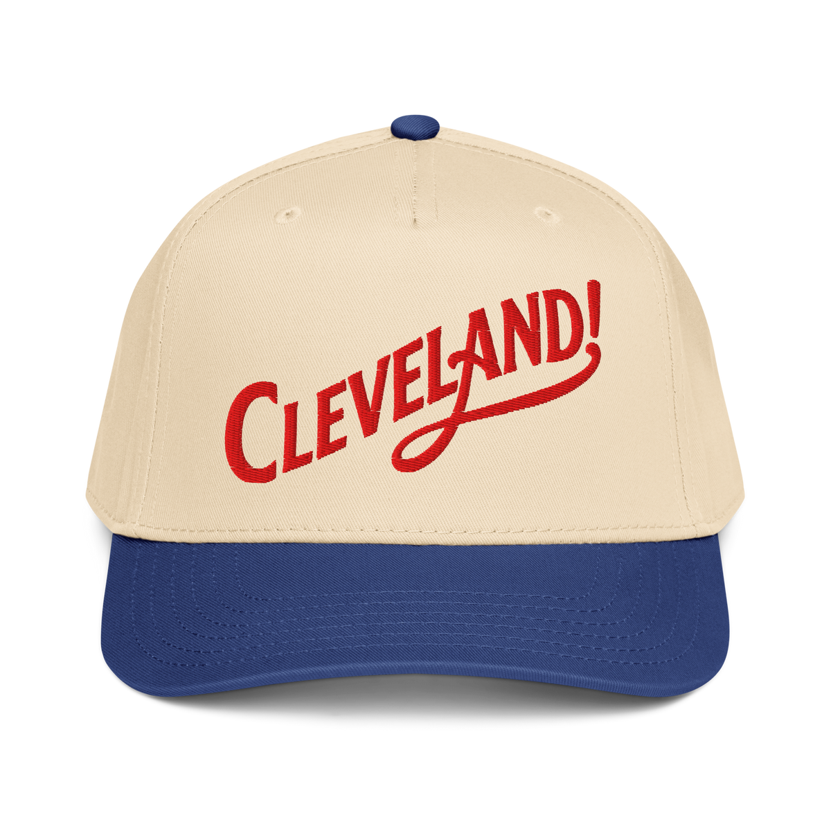 Cleveland! Cap in Royal/Natural with red embroidered Cleveland! lettering, front view