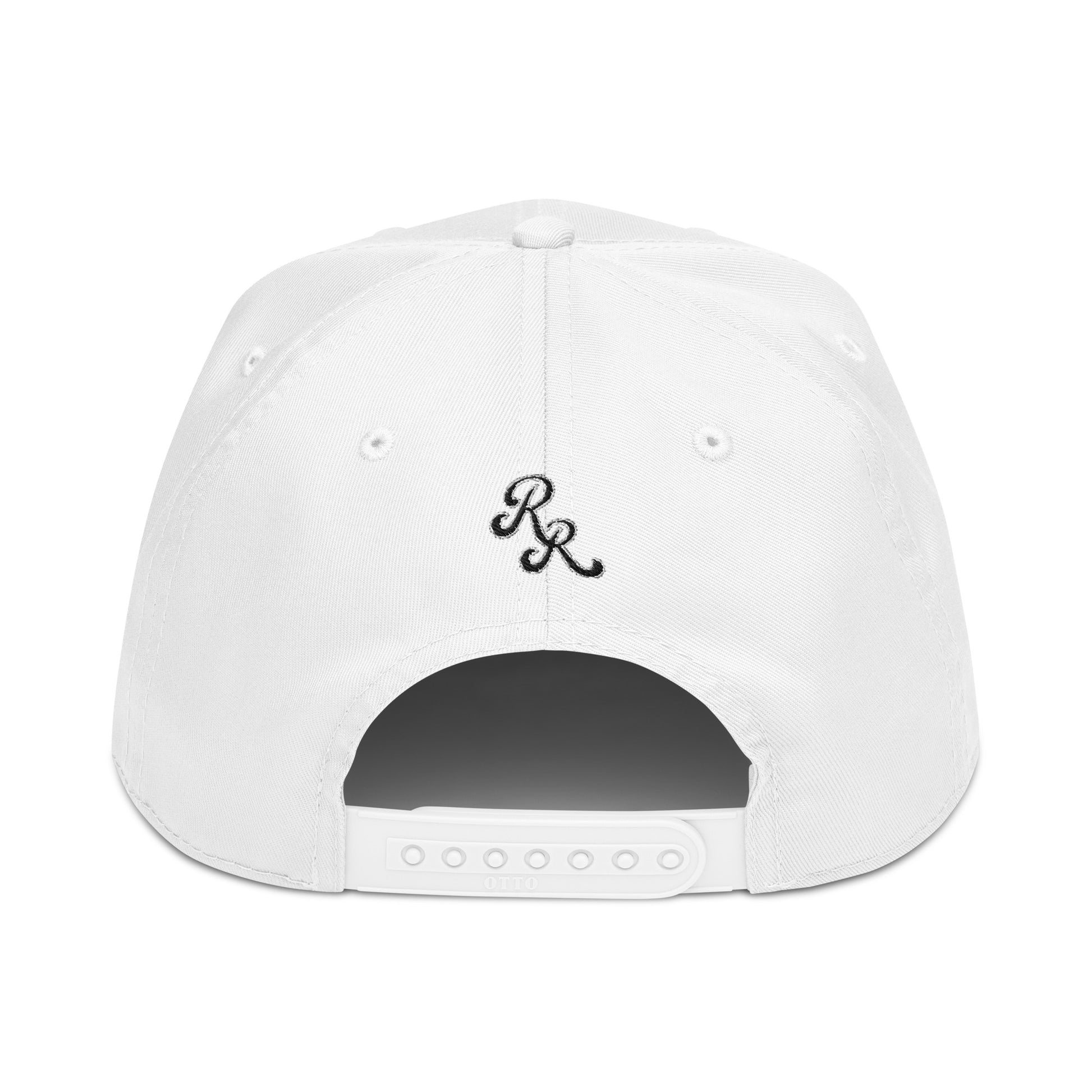 White cap with black logo on a white background