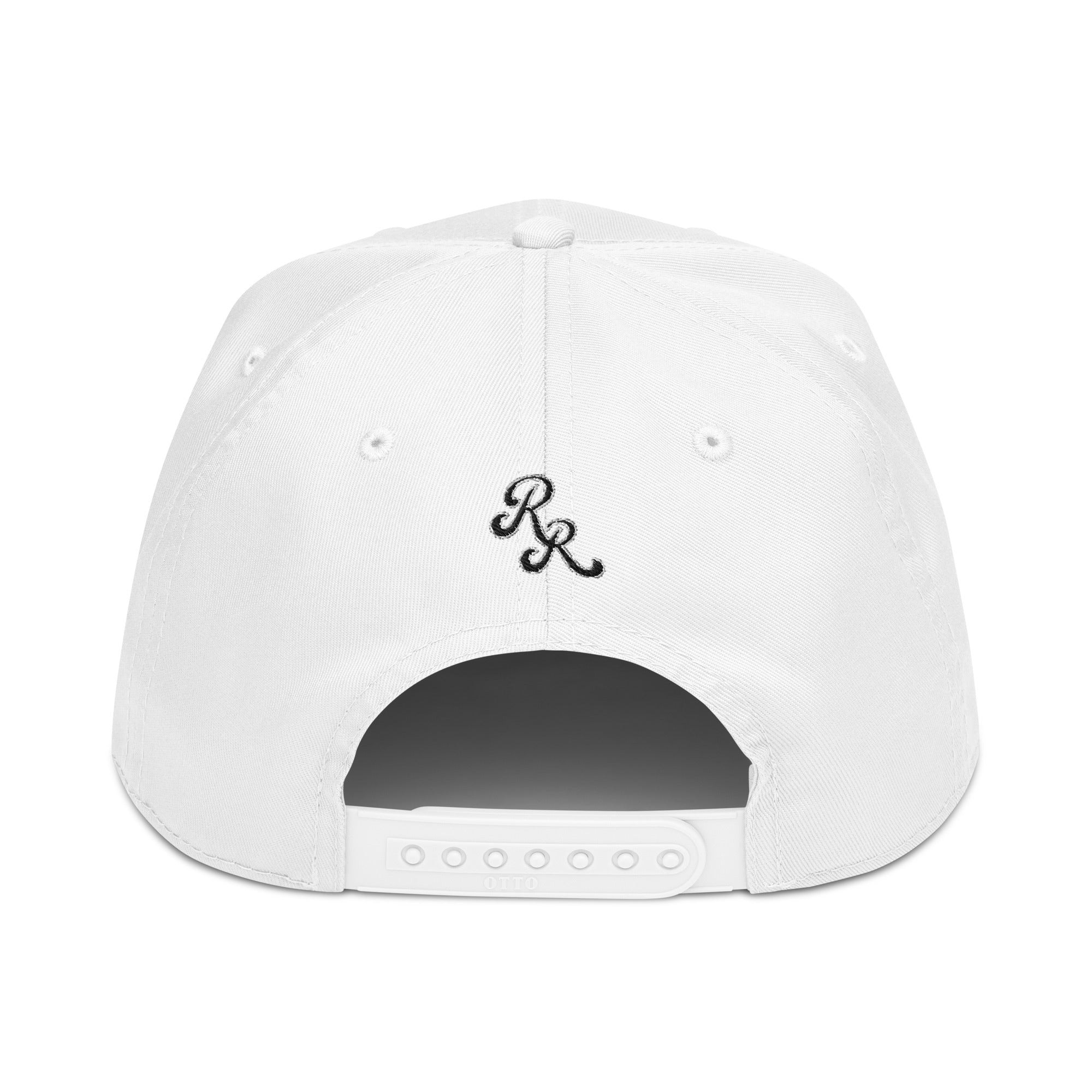 White cap with black logo on a white background