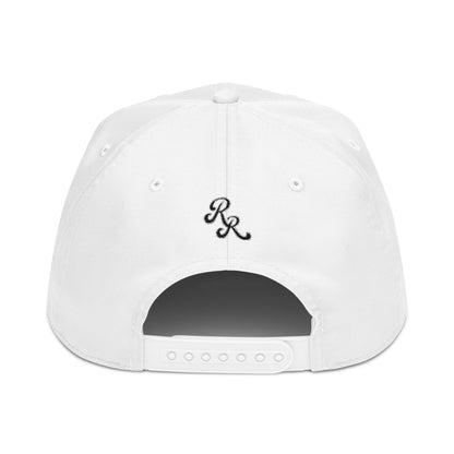 White cap with black logo on a white background
