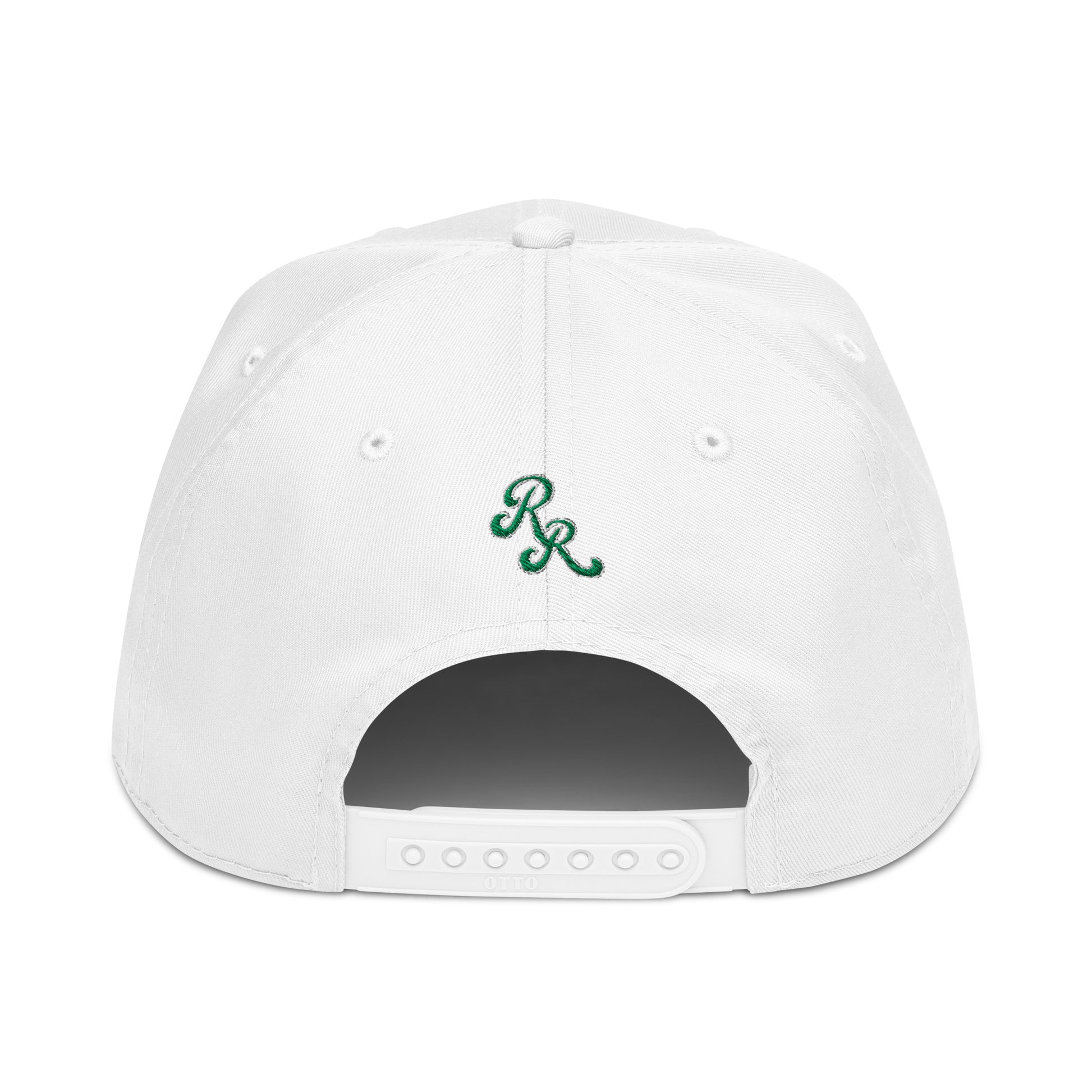 White cap with a green logo on the back against a white background