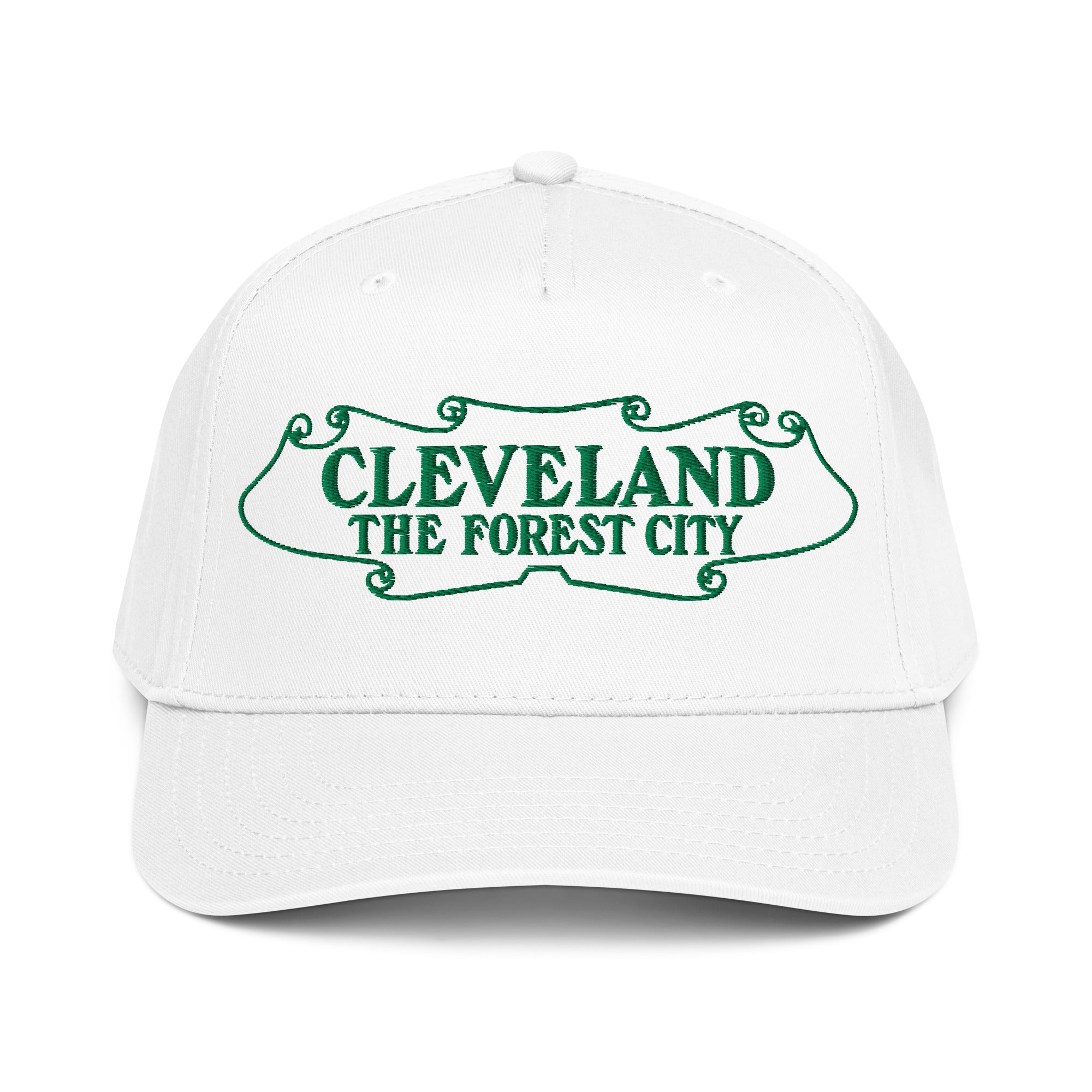White cap with green text 'CLEVELAND THE FOREST CITY' on a white background
