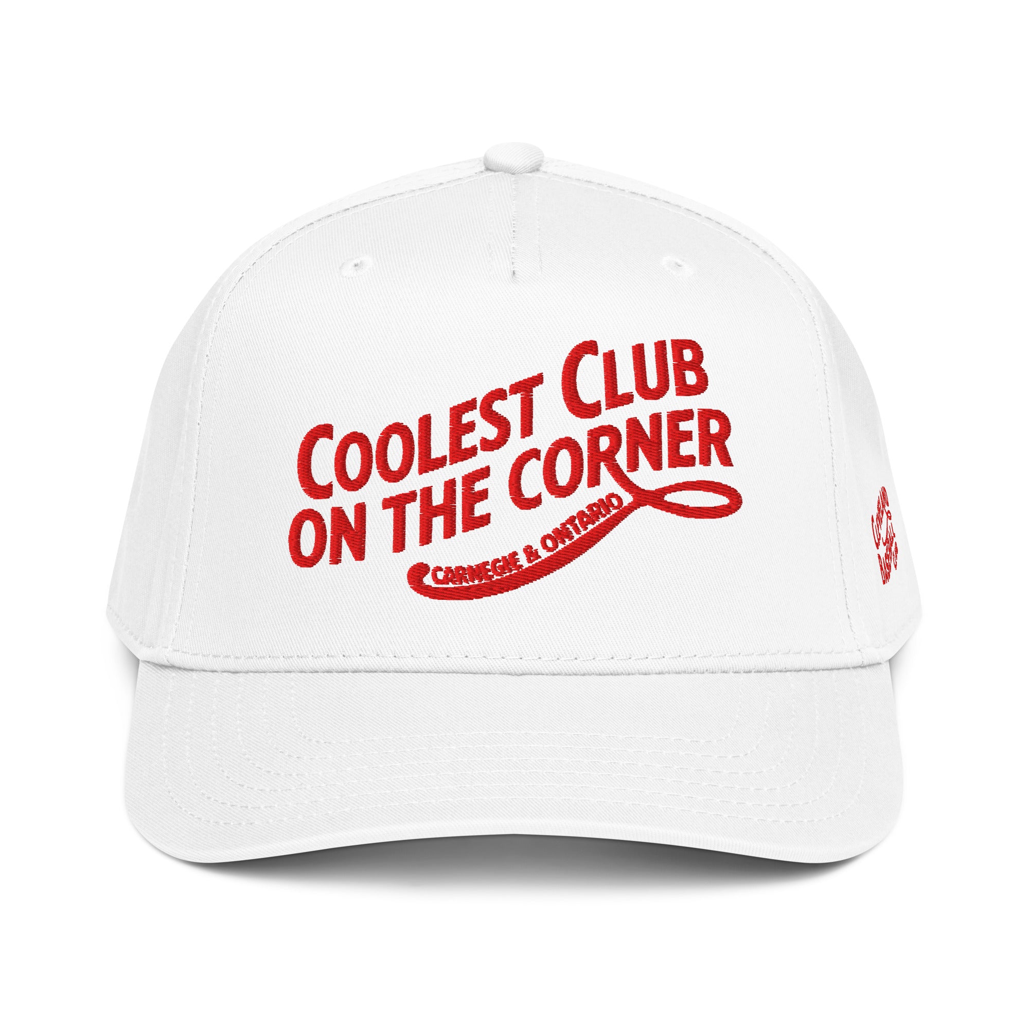 Coolest Club On The Corner Cap in white, front view