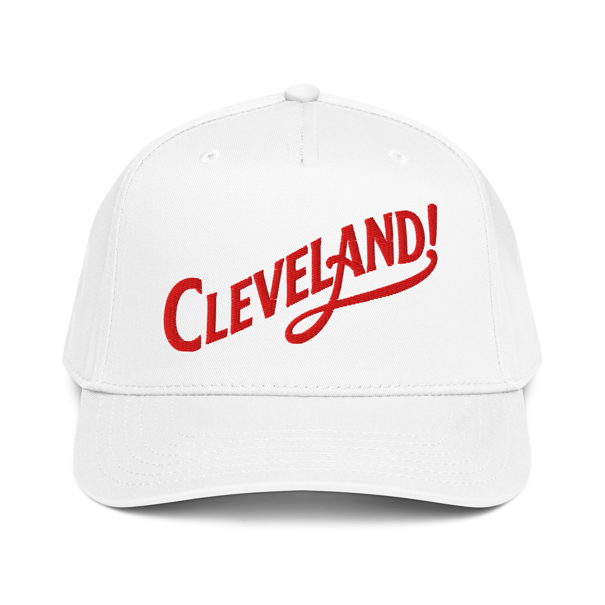 Cleveland! Cap in White with red embroidered Cleveland! lettering, front view