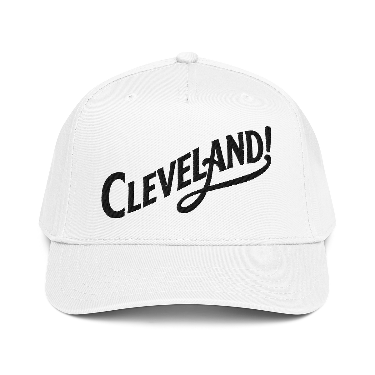 Cleveland! Cap in White with black embroidered Cleveland! lettering, front view