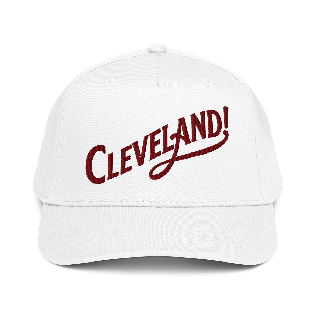 Cleveland! Cap in White with maroon embroidered Cleveland! lettering, front view