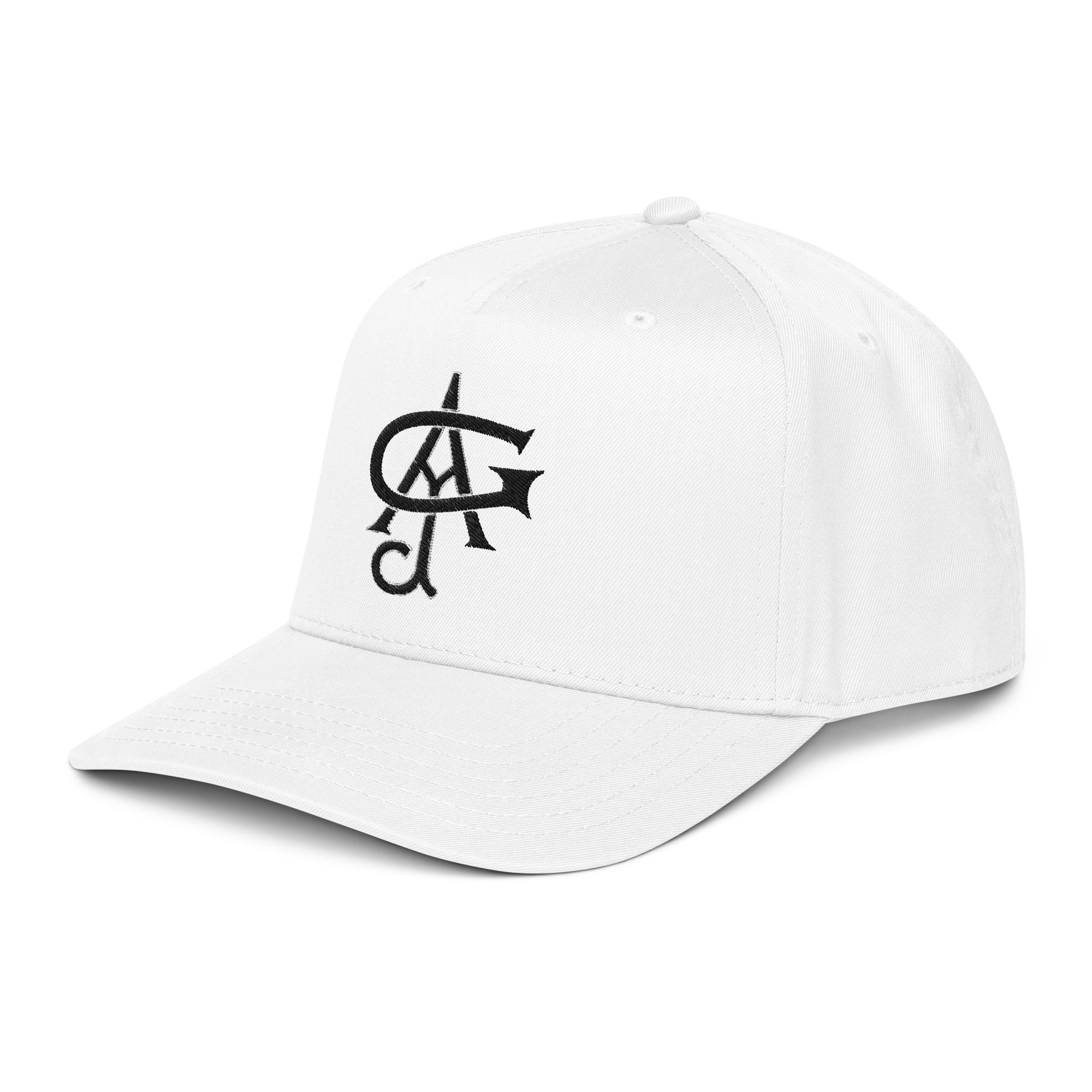 White cap with black logo on a white background