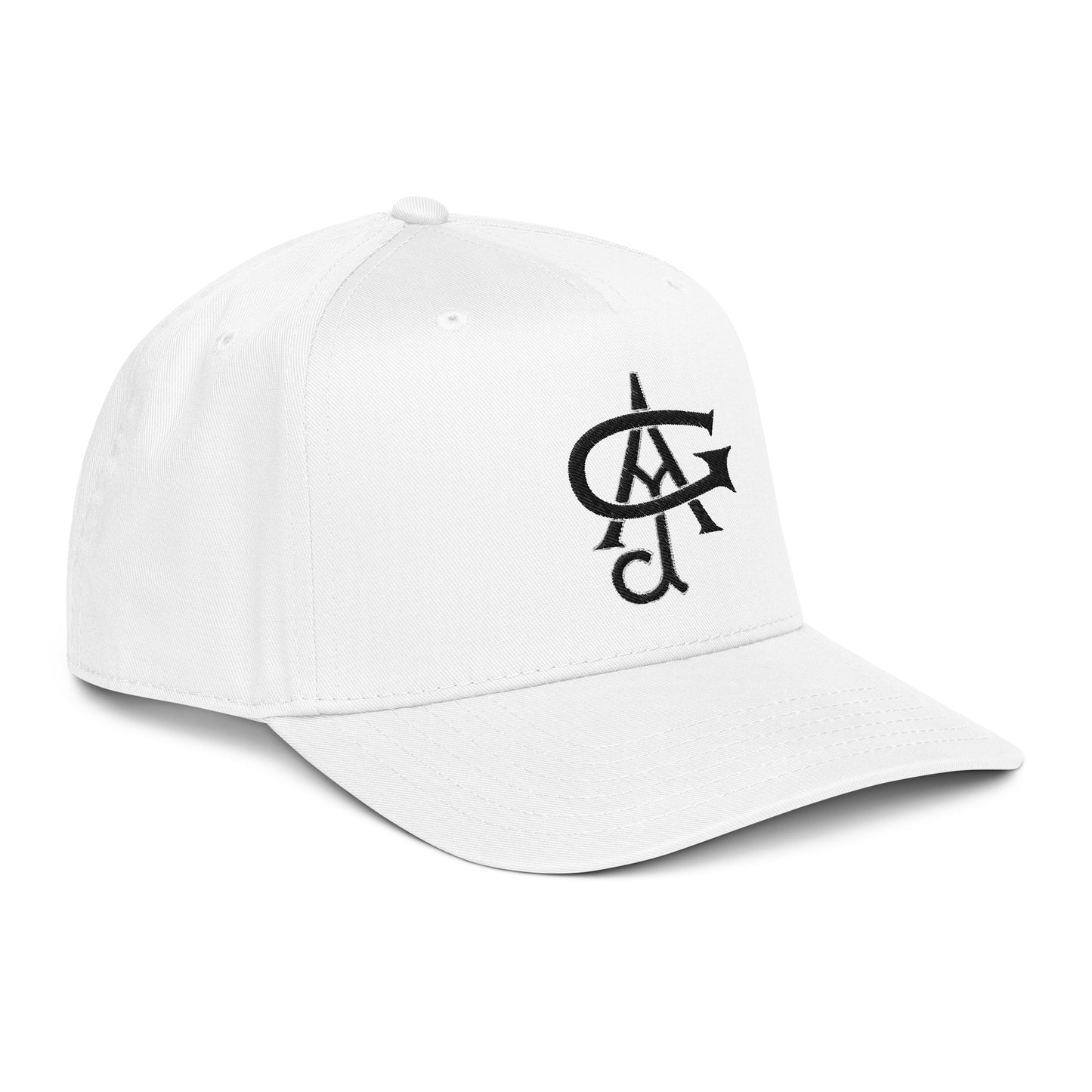 White cap with black logo on a white background