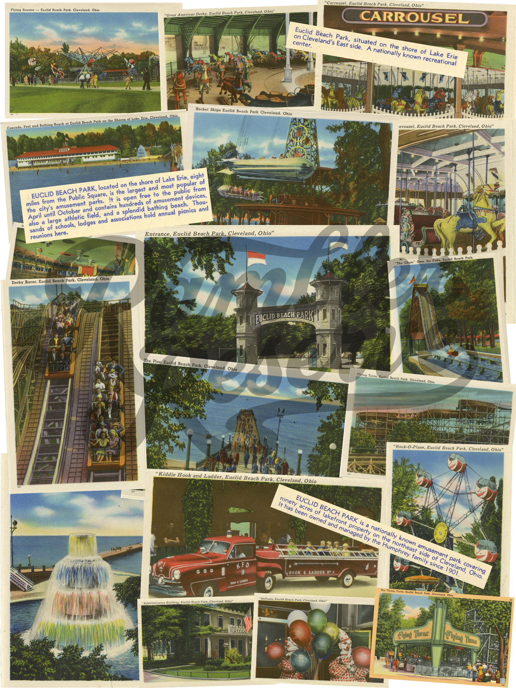 Back Design: Euclid Beach Collage of vintage postcards featuring attractions and scenes from a theme park.