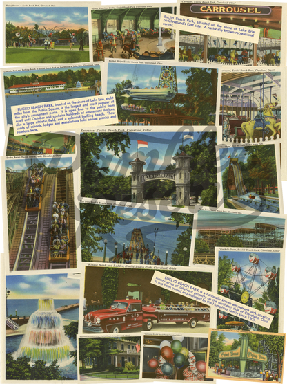 Back Design: Euclid Beach Collage of vintage postcards featuring attractions and scenes from a theme park.