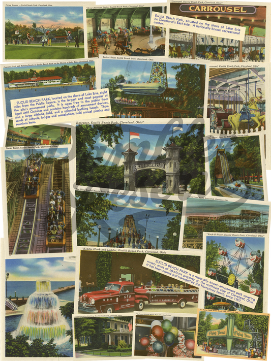Back Design: Euclid Beach Collage of vintage postcards featuring attractions and scenes from a theme park.