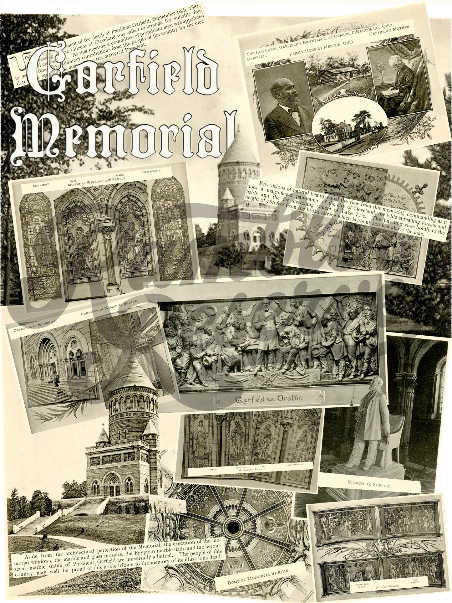 Back Design: Garfield Memorial Collage of vintage postcards featuring attractions and scenes from the memorial.