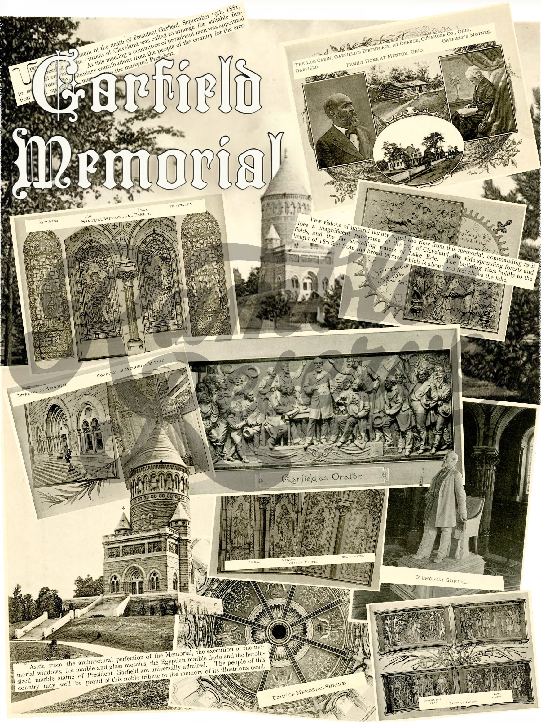 Back Design: Garfield Memorial Collage of vintage postcards featuring attractions and scenes from the memorial.