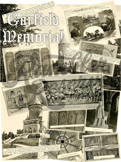 Back Design: Garfield Memorial Collage of vintage postcards featuring attractions and scenes from the memorial.
