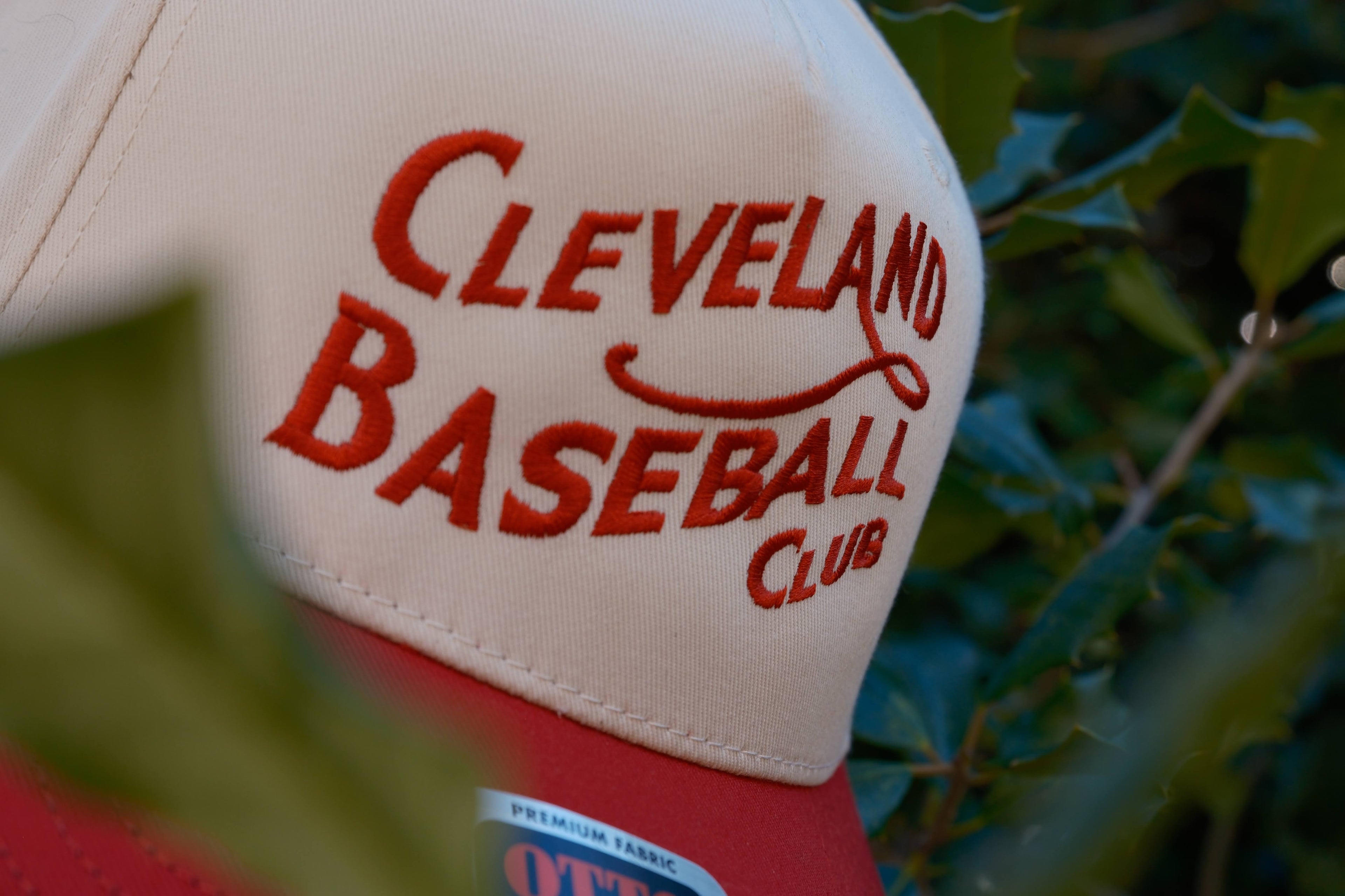 Baseball cap with 'Cleveland Baseball Club' text against a blurred natural background