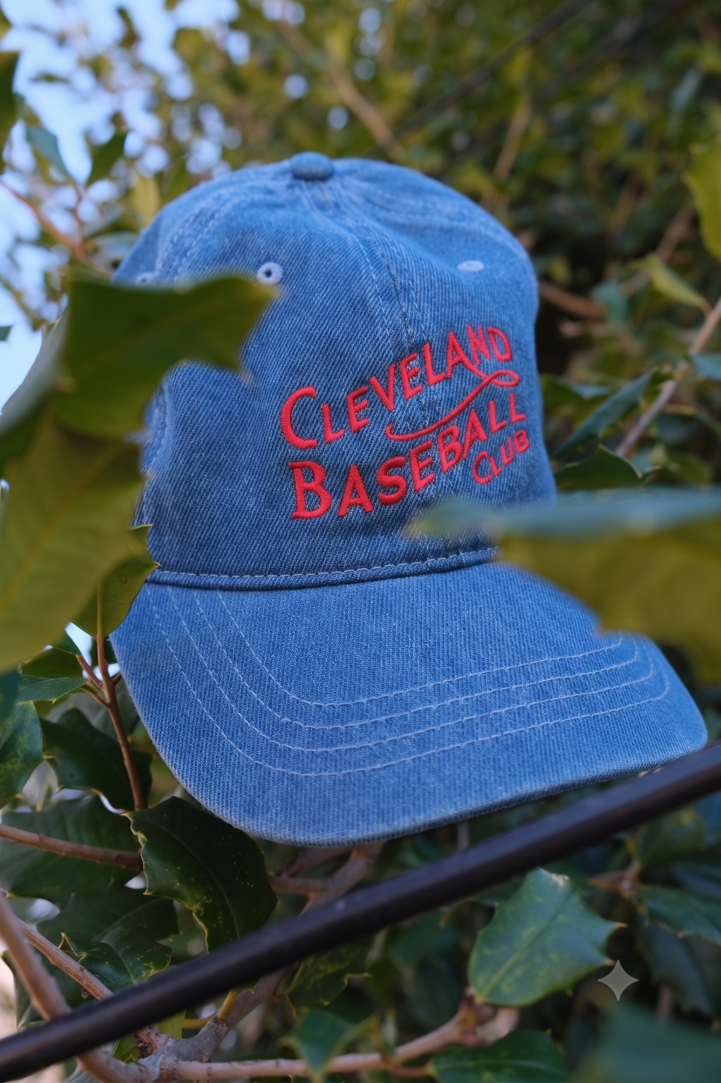 A blue denim baseball cap with red embroidered text reading 'Cleveland Baseball Club,' photographed outdoors among green leaves and branches.