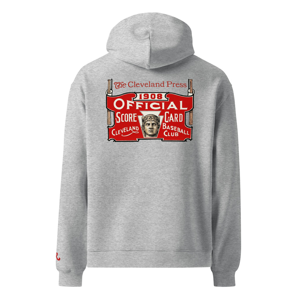 Athletic Heather hoodie with vintage-style logo on the back on a white background