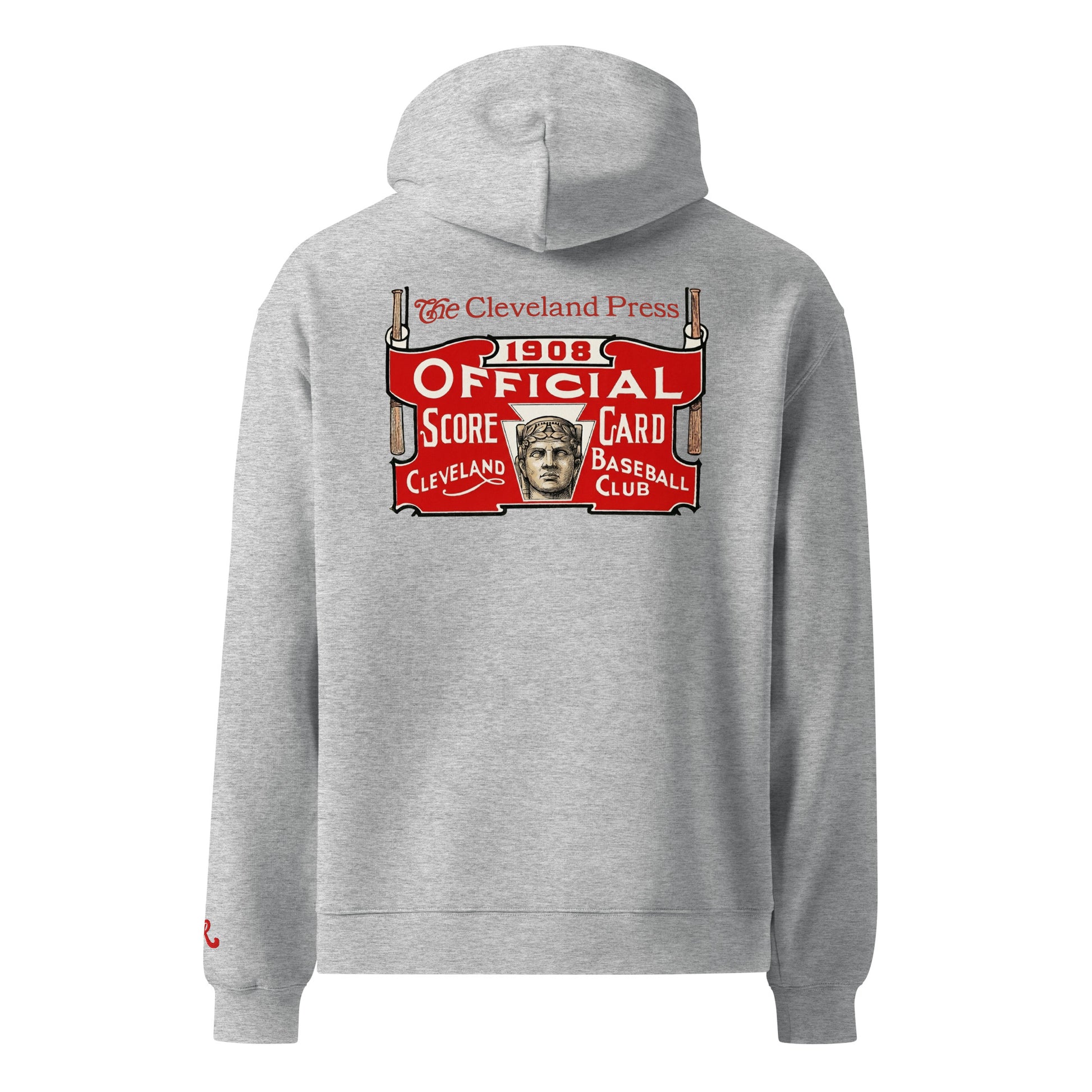 Gray hoodie with vintage-style logo on the back on a white background