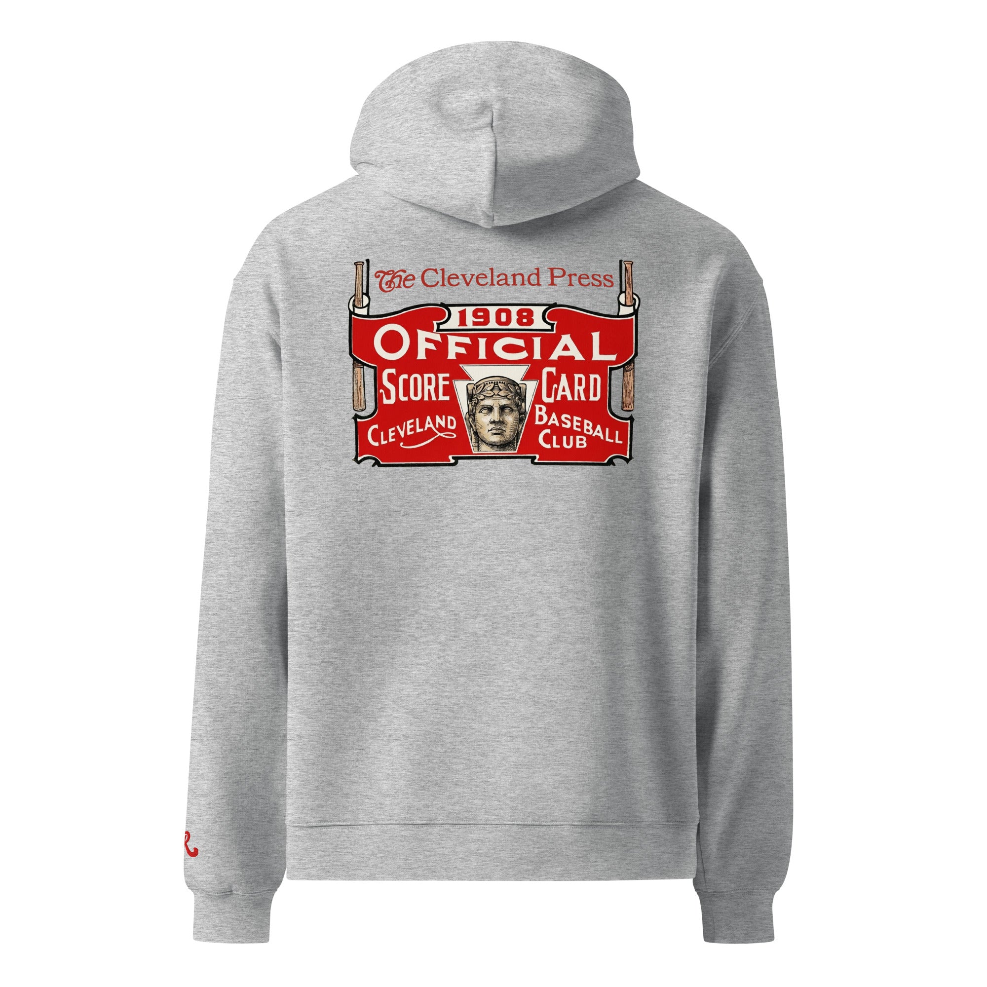 Athletic Heather hoodie with vintage-style logo on the back on a white background