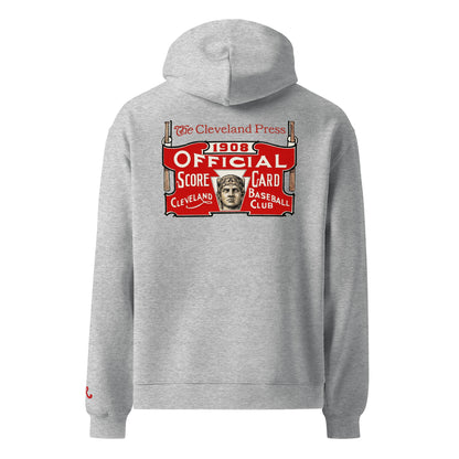 Gray hoodie with vintage-style logo on the back on a white background