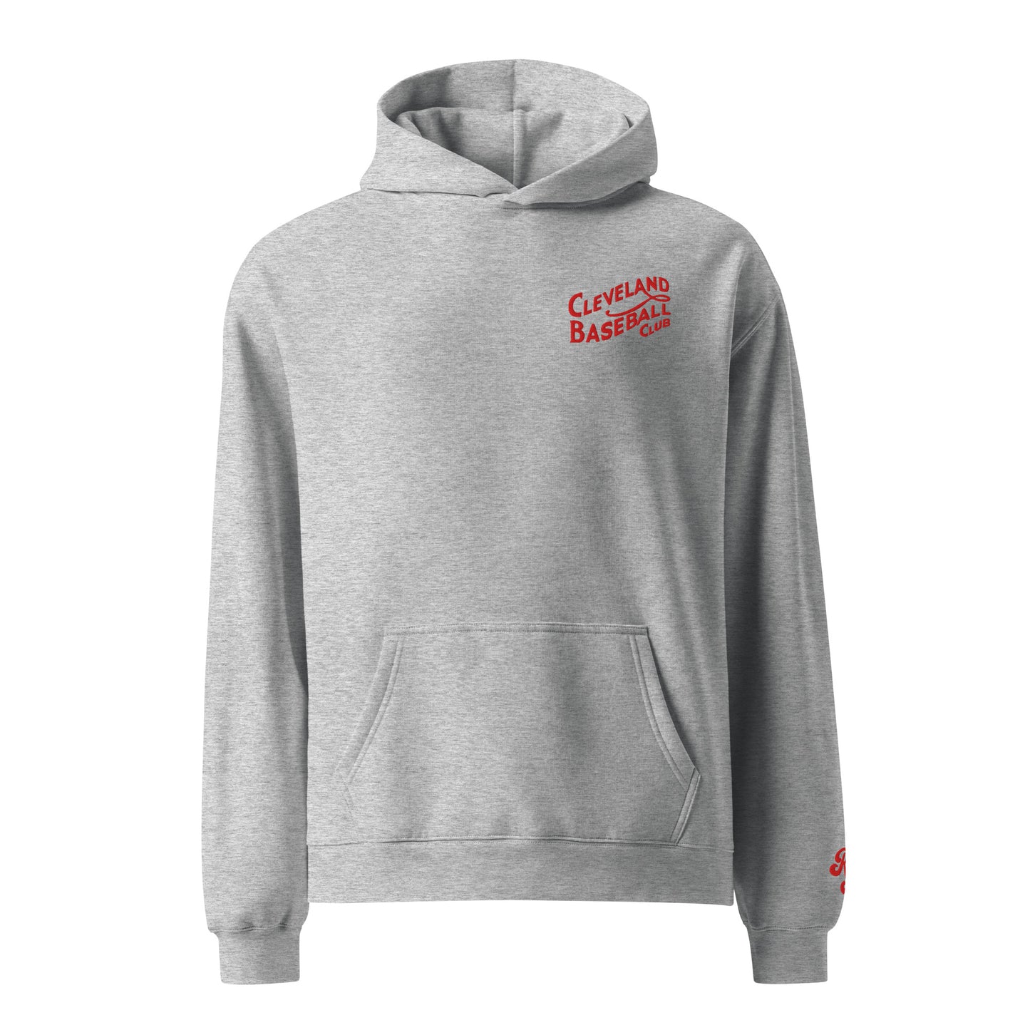 Gray hoodie with 'Cleveland Baseball Club' text on a white background