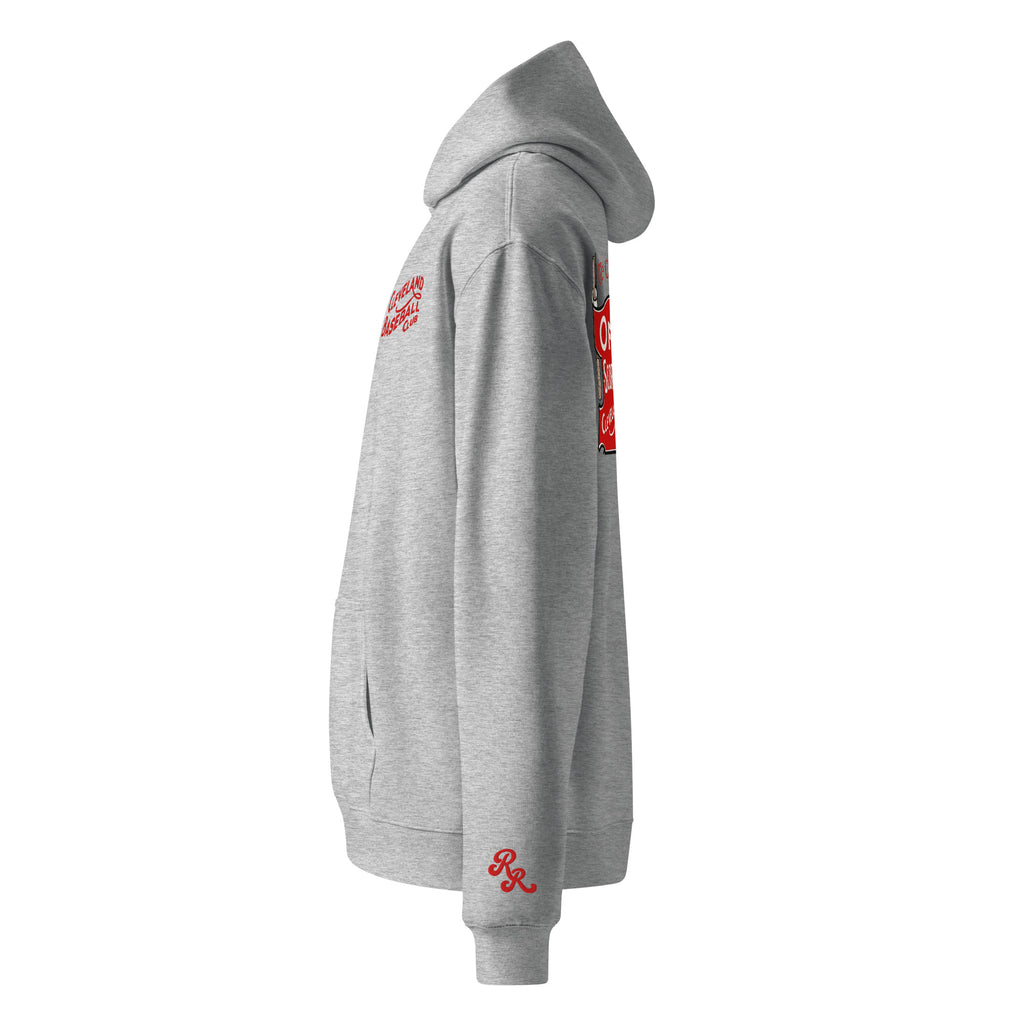 Athletic Heather hoodie with red logos on the sleeves against a white background