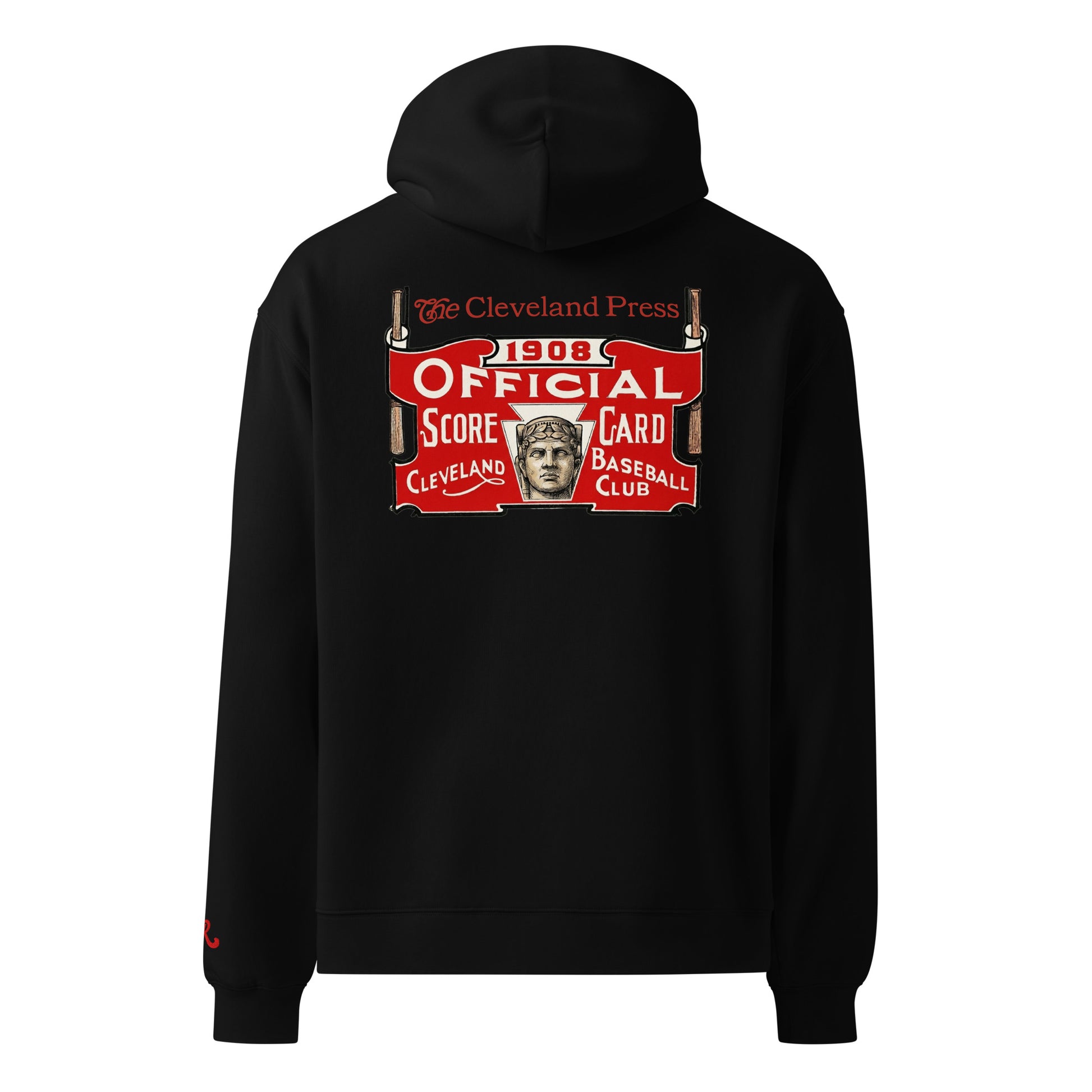 Black hoodie with a vintage-style design on the back featuring 'Cleveland Press' and '1908 Official Score Card'.