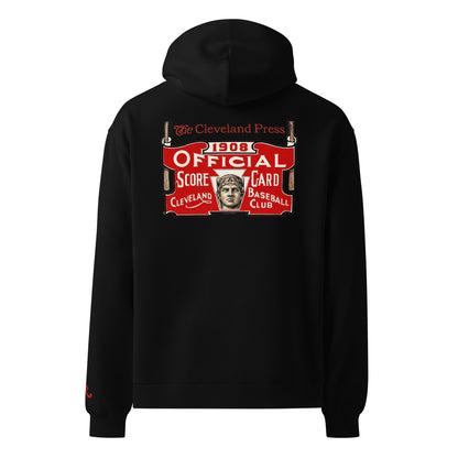 Black hoodie with a vintage-style design on the back featuring 'Cleveland Press' and '1908 Official Score Card'.