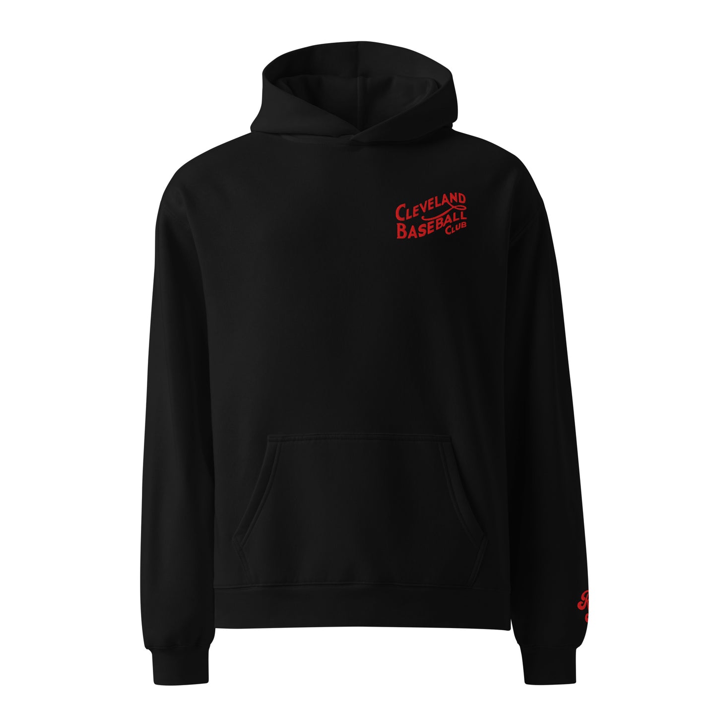Black hoodie with red text on a white background