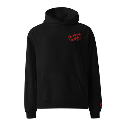 Black hoodie with red text on a white background