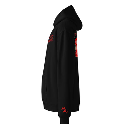 Black hoodie with red text and logos on a white background