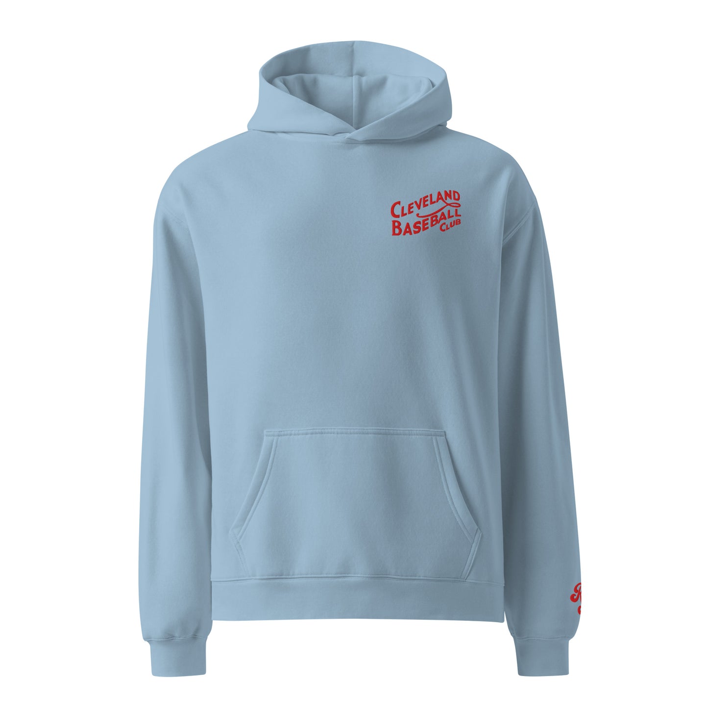 Light blue hoodie with 'Cleveland Baseball Club' text on a white background