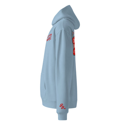 Light blue hoodie with red text and graphics on a white background