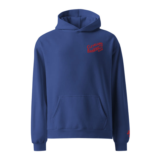 Blue hoodie with red text on a white background