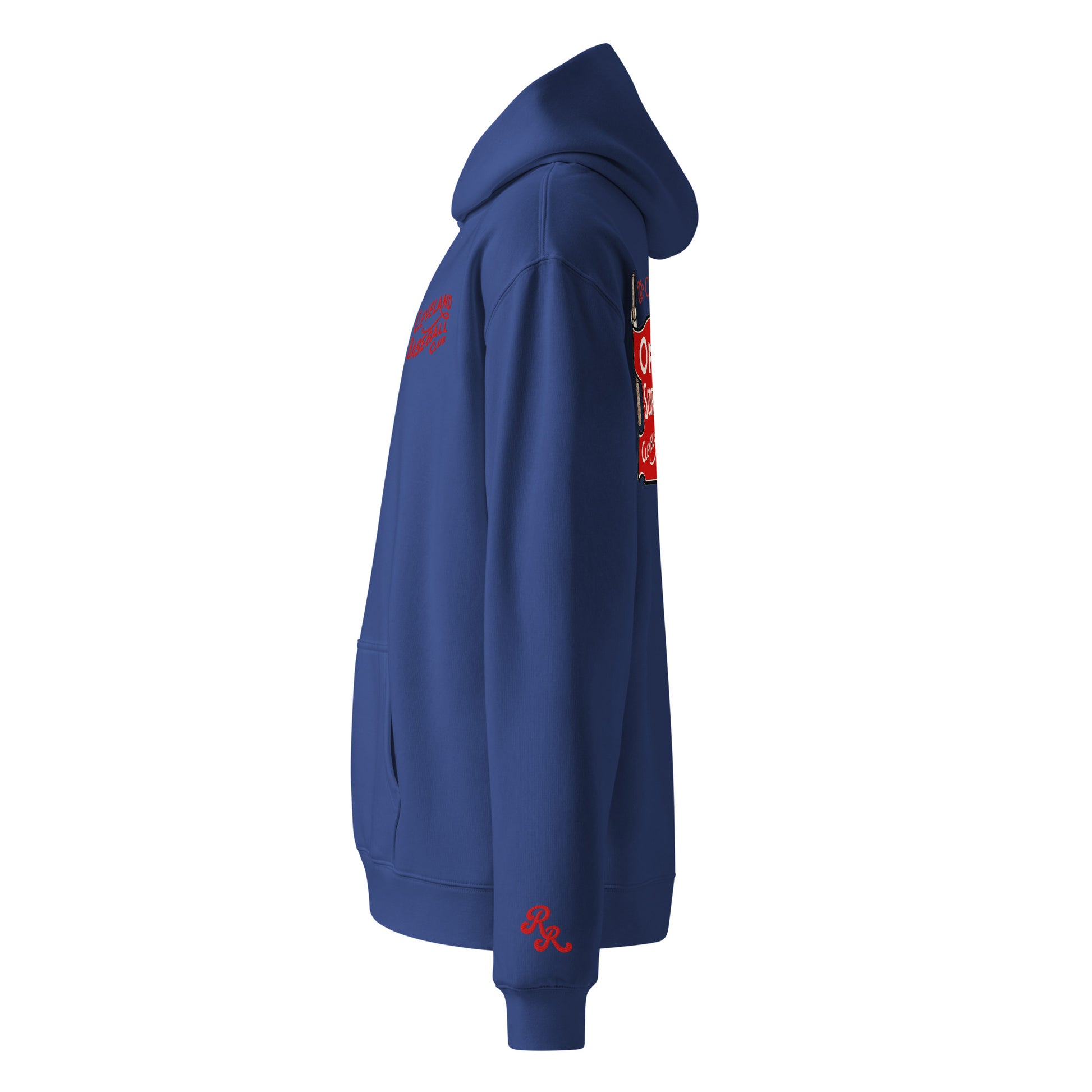 Blue hoodie with red graphics on a white background