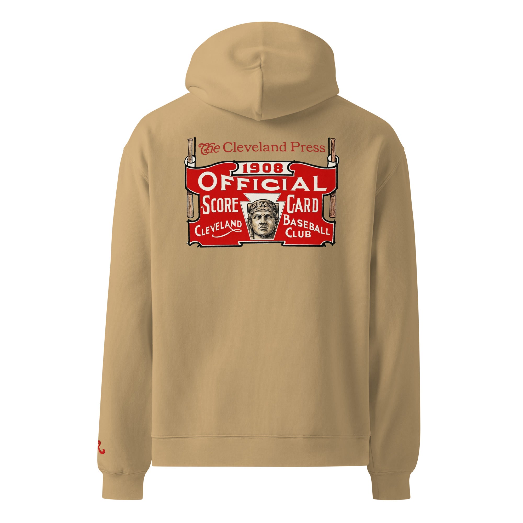 Sand hoodie with a vintage-style graphic on the back on a white background