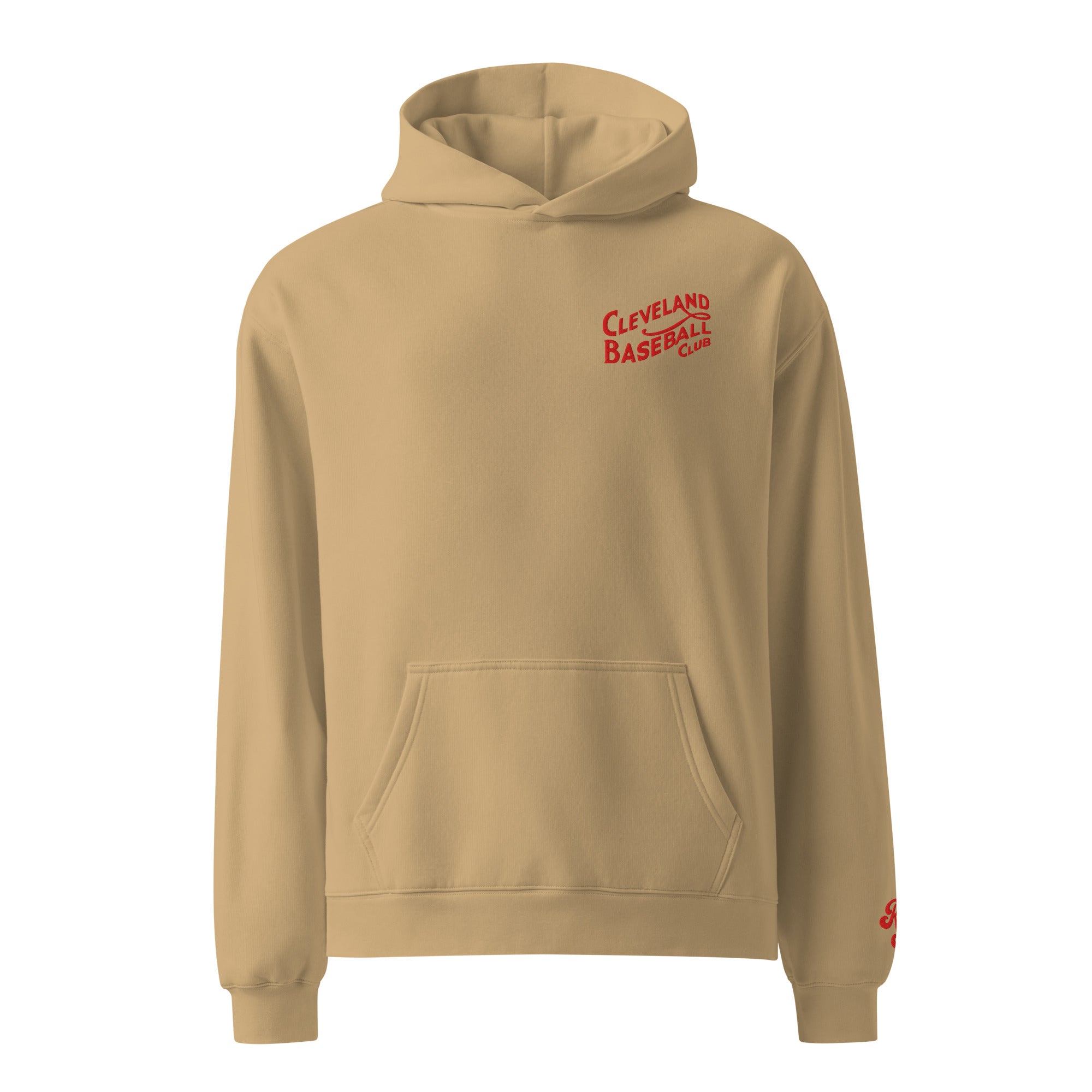 Sand hoodie with red text on a white background