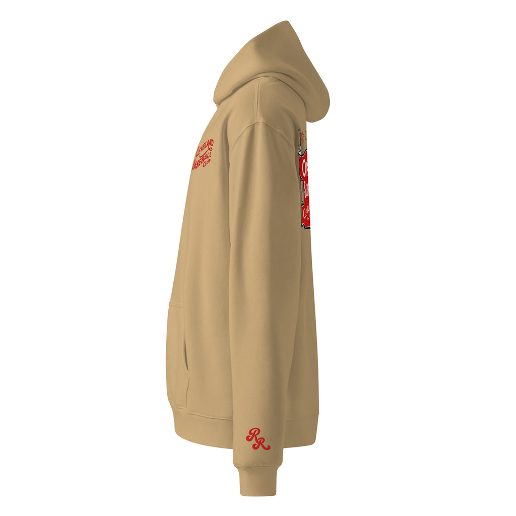 Sand hoodie with red embroidery on a white background
