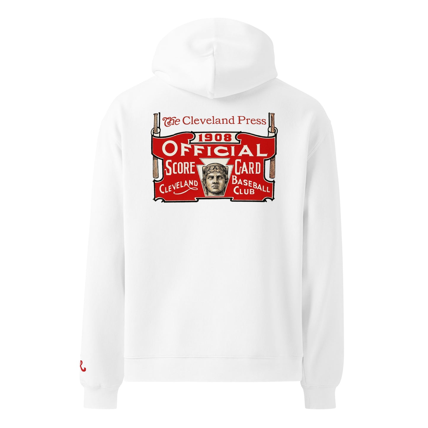 White hoodie with a vintage-style logo on a white background