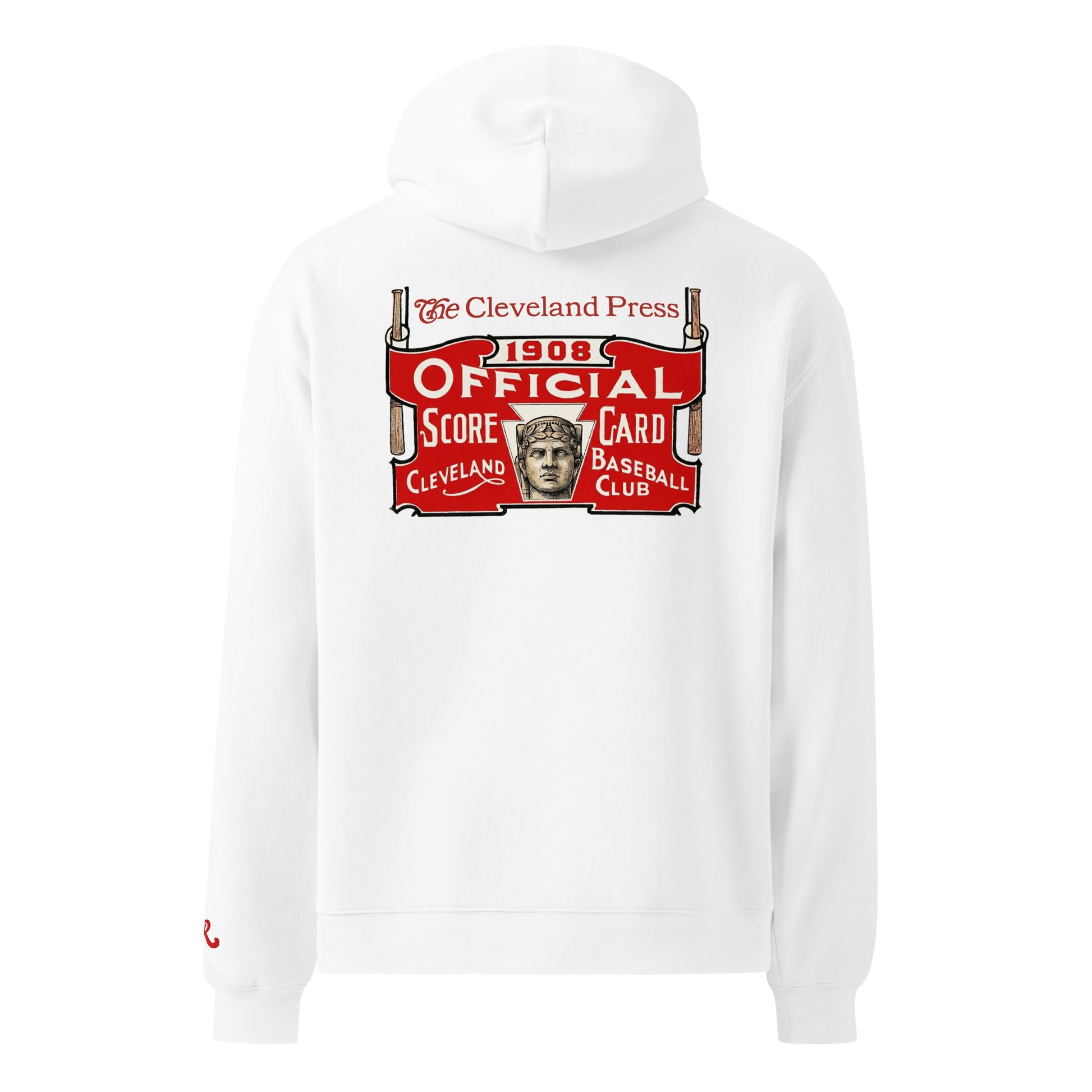 White hoodie with a vintage-style logo on a white background